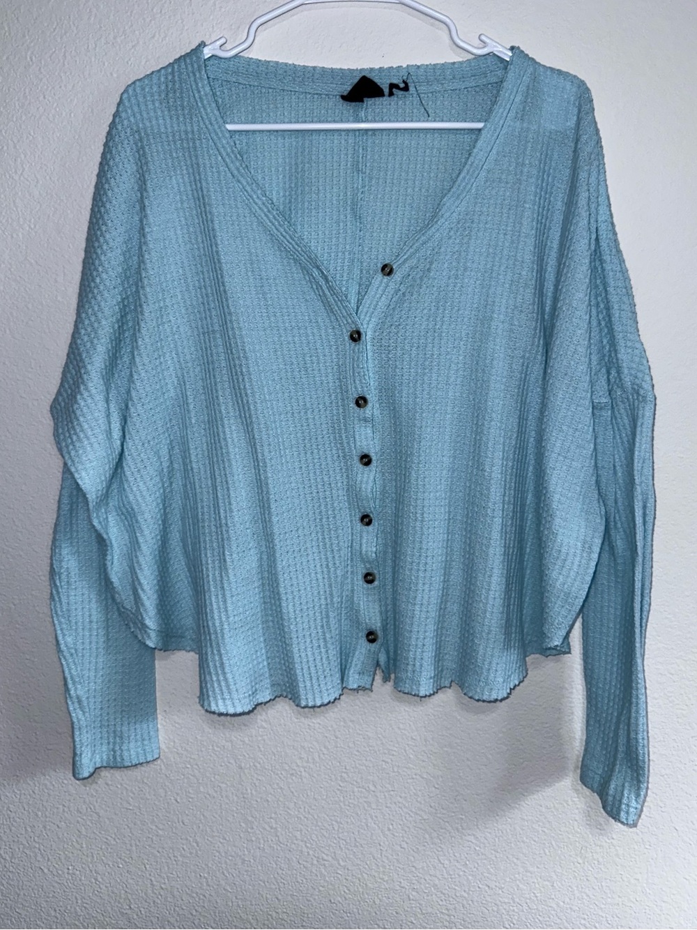 Urban Outfitters—Seafoam Blue Waffle-Knit Button Front Tie Cardigan-small - Picture 2 of 7